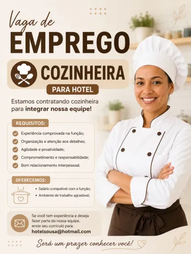 Estamos contratando cozinheira.