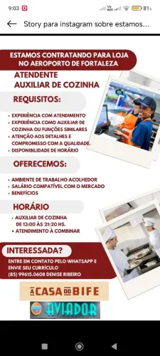 Vaga de atendente e auxiliar de cozinha