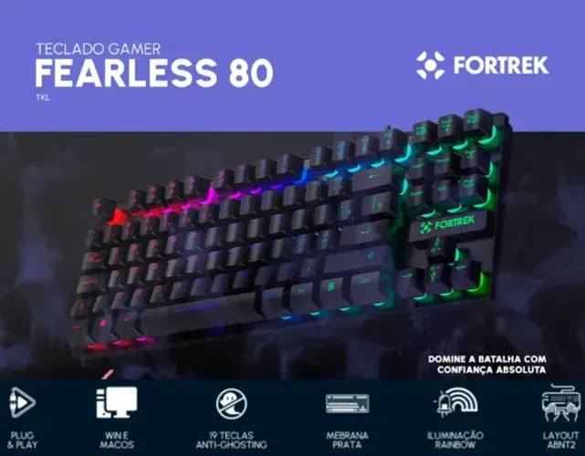Teclado Gamer Fortrek Fearless 80 Tkl Preto Abnt2 Usb Anti Ghosting Rainbow Multimídia