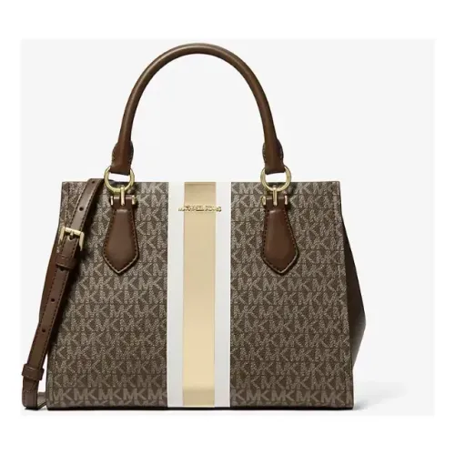 BOLSA MICHAEL KORS MARILYN SATCHEL MÉDIA MK MARROM LOGOTIPO LISTRA-