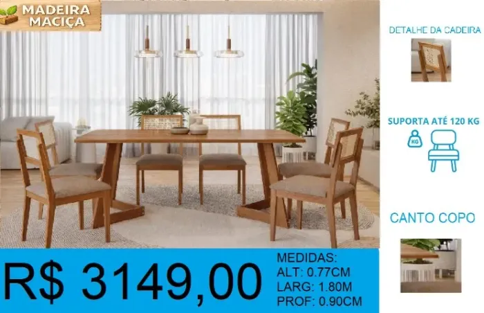mesa c/ 6 cadeiras madeira maciça alt: 77cm larg: 1,80 prof: 90cm - frete grátis!