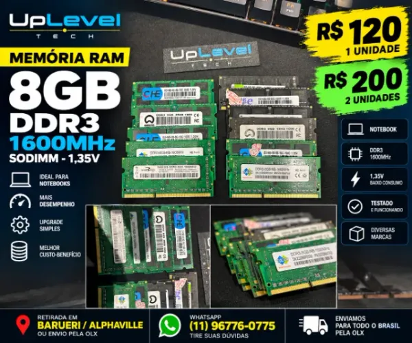 Upgrade Notebook Antigo: Memoria RAM 8GB DDR3 1600MHz SODIMM Melhor Preço R$120