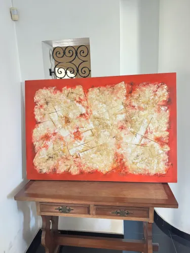 Óleo sobre tela abstrato destaque para fundo vibrante cor vermelha assinado