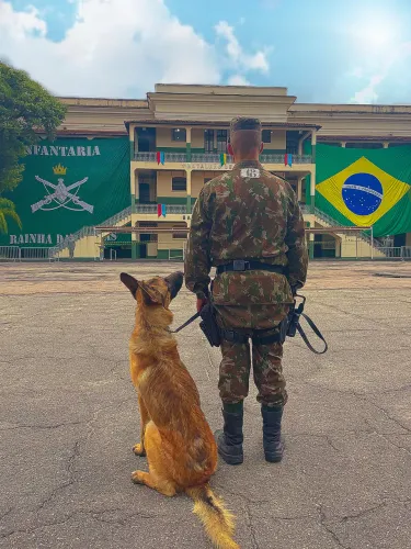 Adestrador de cão militar pronto para adestrar seu cão
