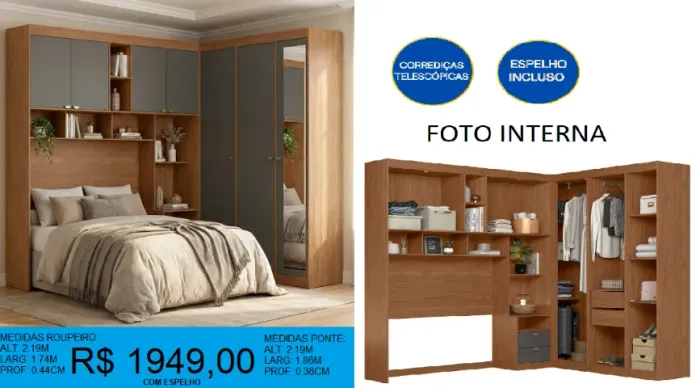 Roupeiro - modulado - com espelho - compre hoje e receba em até 72 horas 