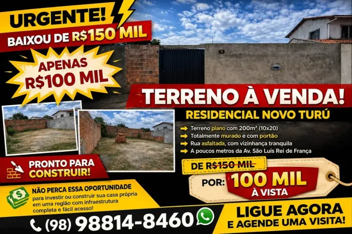 TERRENO MURADO À VENDA NO NOVO TURU | 200M | PRÓXIMO À AV. SÃO LUÍS REI DE FRANÇA