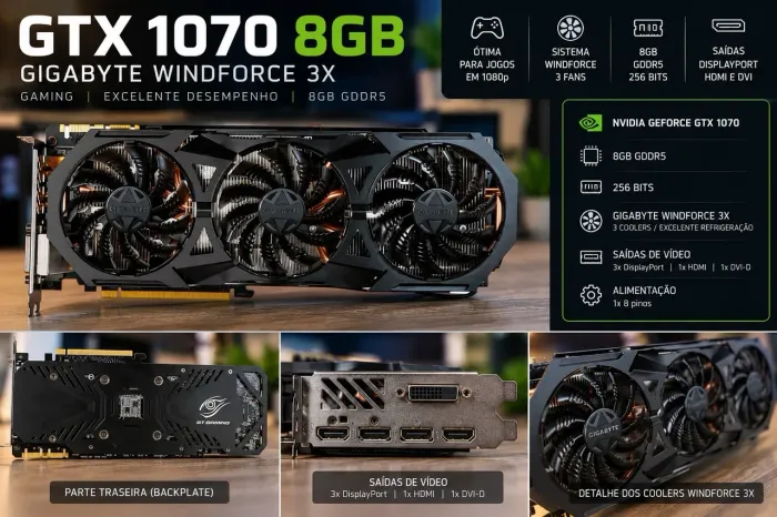 Placa de Vídeo Gigabyte GTX 1070 8GB Windforce 3 Fans