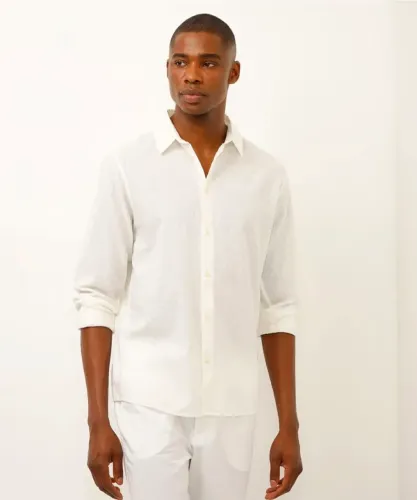 camisa de linho e algodão manga longa verde médio - branco