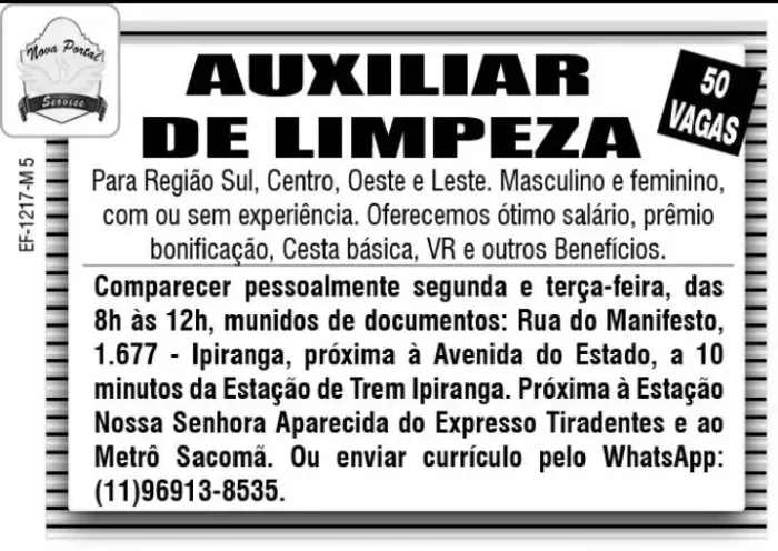 Vagas de Auxiliar de Limpeza