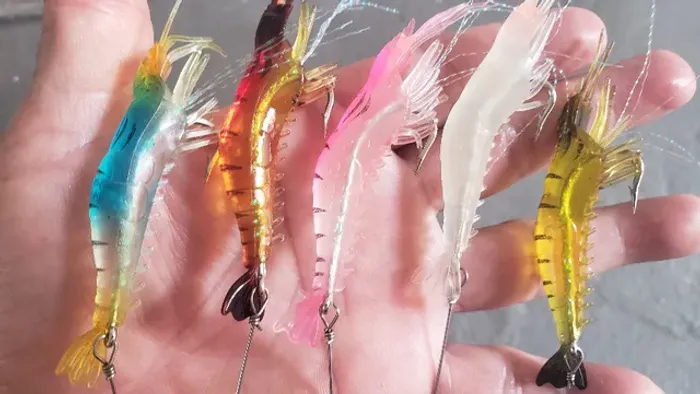 Kit 5 Iscas artificiais camarão silicone cores mistas 8cm 5g - ideal p/ tucunaré