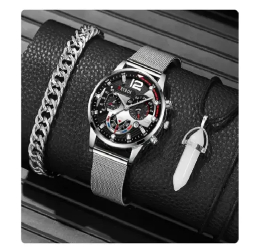 Relógio masculino com calendário pulseira de malha de aço e colar casual kit 3 peças