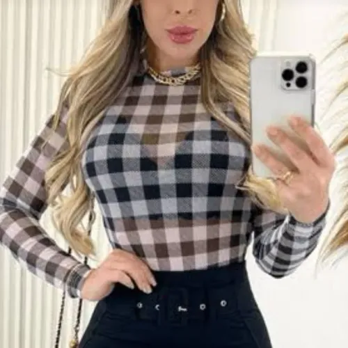 Body tule transparente xadrez manga longa tenho outras cores tb