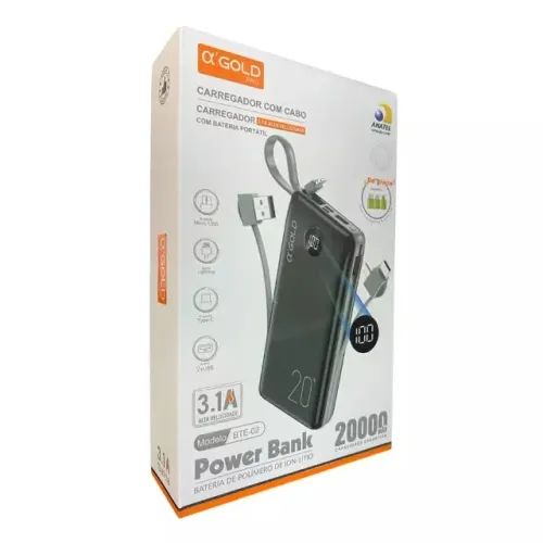 Carregador Portátil Gold 3in1 20.000mAh - Power Bank Energia para Seus Dispositivos 
