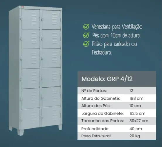 Armário de Aço 12 Portas Mini - Roupeiro de Aço 12 Portas - GRP4/12