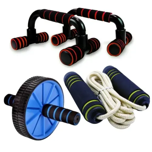Kit Treino Roda Corda Barra Apoio Flexão