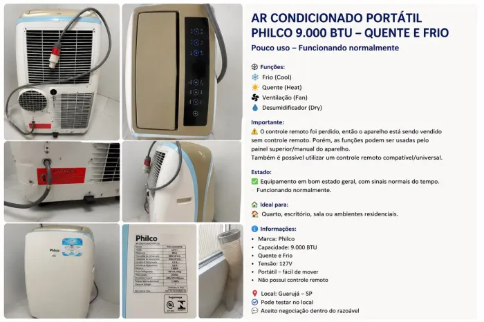 Vendo ar-condicionado portátil Philco 9.000 BTU