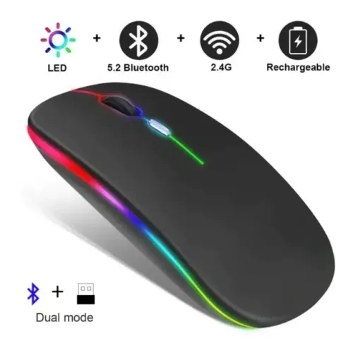 Mouse Sem Fio Home Office Wireless 2,4GHz Recarregável Ergonômico Led Rgb Bluetooth