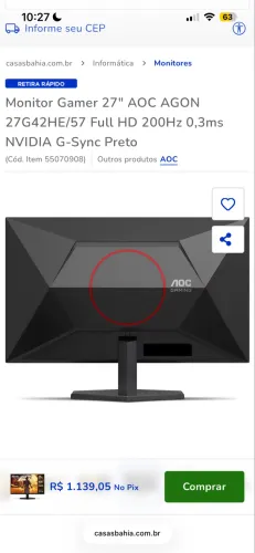 Monitor Gamer 27" AOC AGON 27G42HE/57 Full HD 200Hz
