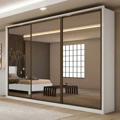 Guarda Roupa Casal com 3 Espelhos 3 Portas de Correr 6 Gavetas 270,5cm Spazio Super Glass1