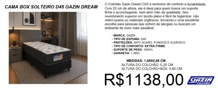 Cama box solteiro d45 gazin dream - frete gratuito!