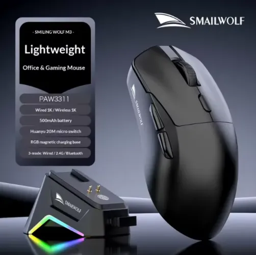 Mouse Gamer SMAILWOLF M3 Pro com Dock de Carregamento RGB - Tri-Mode (2.4GHz / Bluetooth /