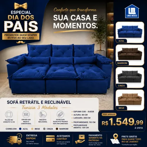 SOFÁ RETRÁTIL E RECLINÁVEL 3 MÓDULOS 270 CM