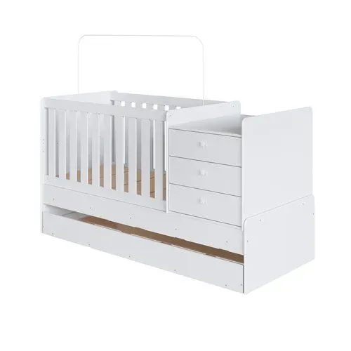 Berço Cama Multifuncional com Cama Auxiliar 3 Gavetas Branco + COLCHÕES