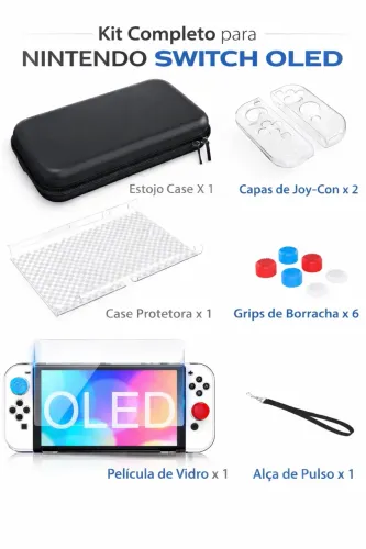 Kit de Proteção completa Nintendo Switch OLED - Case Rígida + Capas + Película + 6 Grips