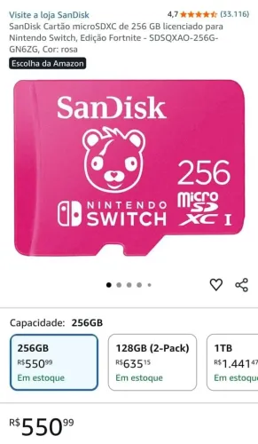 SanDisk de 256GB para o Nintendo Switch na edição temática do Fortnite