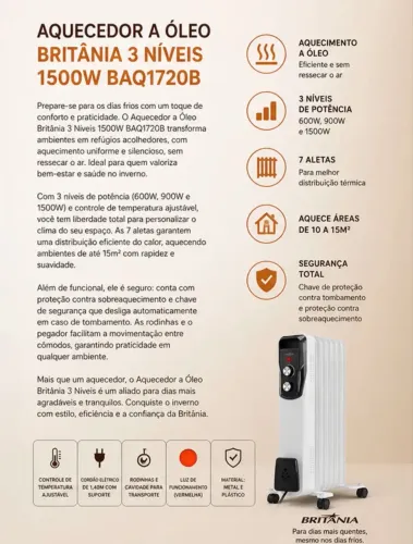 Aquecedor A Óleo Britânia 1500w Silencioso Escritório Casa