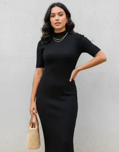 vestido midi tubinho preto canelado m