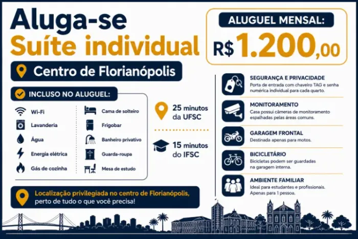 ALUGA-SE SUÍTE INDIVIDUAL - Centro de Florianópolis