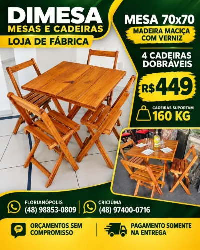 Mesa 70x70 madeira maciça verniz mel com 4 cadeiras dobráveis