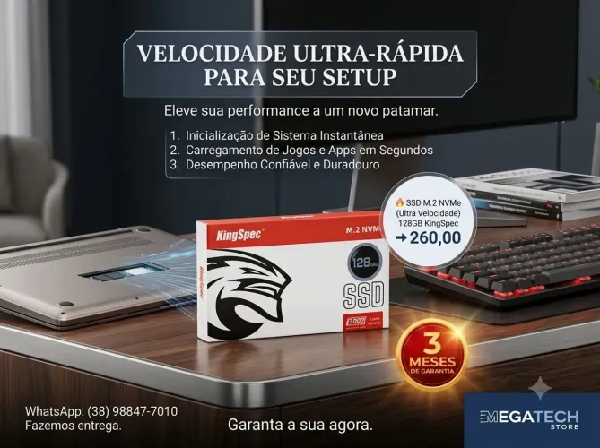 ? SSD M.2 NVMe (Ultra Velocidade) 128GB KingSpec ? R$ 260,00