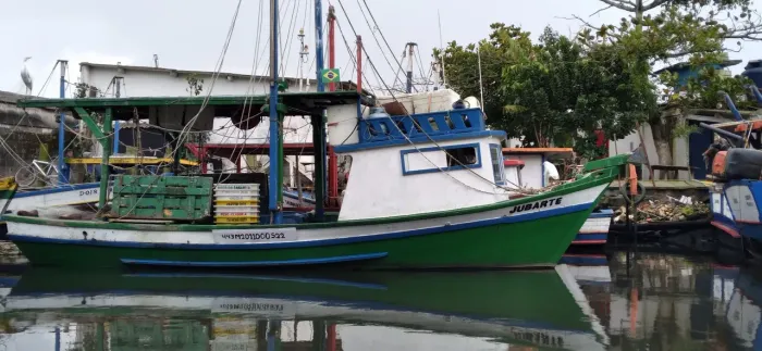 Barco com licença para camarão sete barbas e branco.  