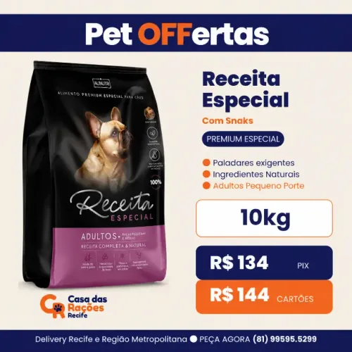 Ração Receita Especial Cães Adultos Pequeno Porte 10kg com Snacks
