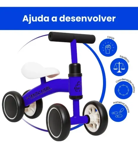 Bicicleta Infantil De Equilíbrio Sem Pedal Andador 4 Rodas Cor Azul