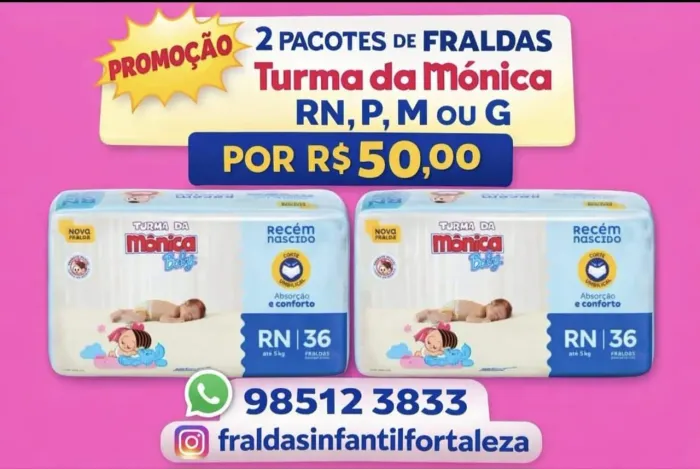 Fraldas Turma da Monica RN P M G - 2 Pacotes por 50