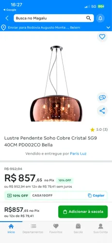 LUSTRE DE LUXO SOHO COBRE CRISTAL