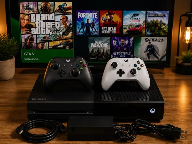 XBOX ONE - COM DOIS CONTROLES E JOGOS