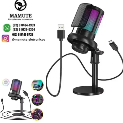 Microfone Profissional Gamer Led Rgb Alta Sensibilidade Usb Cor Preto 1060r