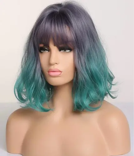 Peruca sintética com franja cabelo azul