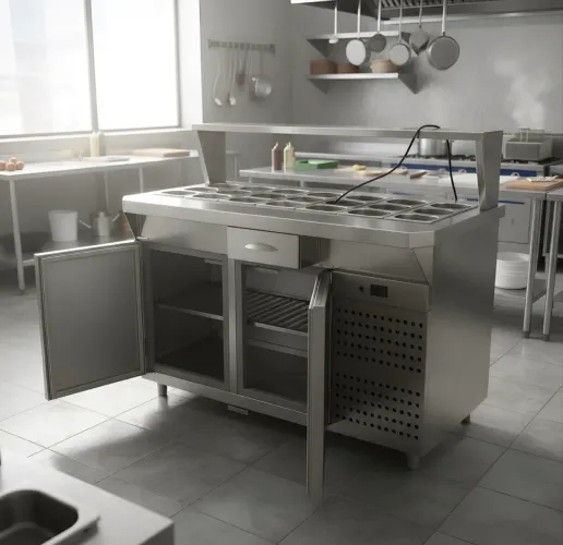 Condimentadora com 510l em INOX | 24 Cubas | Balcão refrigerado | prateleira inox