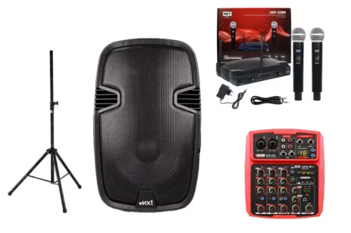 Kit Barzinho - 01 Caixa de Som Alto Falante de 15, Microfone Duplo Sem Fio, Tripe e Mesa 