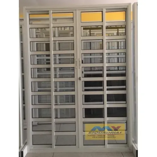 PORTA TRAVESSA 10 VIDROS LISO ALUMINIO BRANCO 4 FOLHAS COM FECHADURA LINHA PREMIUM