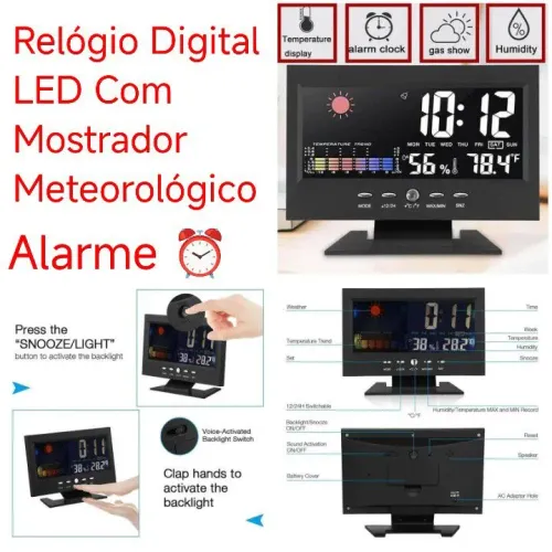 Relógio Digital LED com Mostrador Meteorológico e Alarme