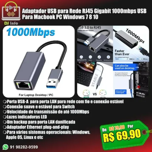 Adaptador USB para Rede RJ45 Gigabit 1000mbps USB Para Macbook PC Windows 7 8 10