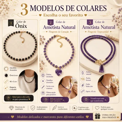 Pulseiras e Colares Femininos Perola Pedras Ônix Ametista Porcelana A partir de R$ 25