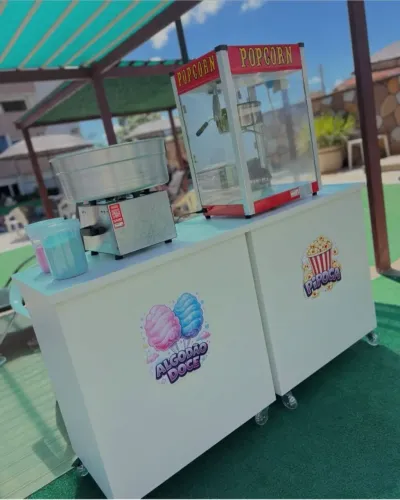 Algodão Doce, Pipoca, Batata Frita, Mini Hambúrguer e Mini cachorro quente 
