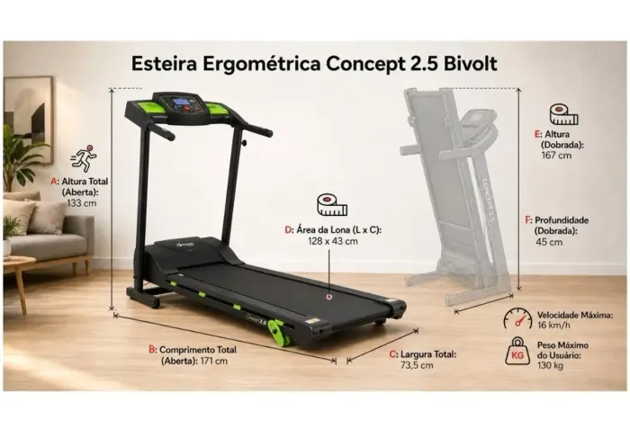 Esteira Eletrônica Dream Fitness Concept 2.5 - Dobrável com Inclinação Vel. Máxima 16km/h